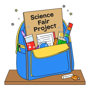 A colorful school bag, primarily blue with yellow accents, is placed upright on a wooden table. The bag has various science project materials sticking out, including a large cardboard poster board displaying the title "Science Fair Project" in bold letters. There are colorful markers scattered around, a roll of tape, and a set of beakers filled with vibrant liquids in red, blue, and green. A stack of papers with handwritten notes is partially visible, and a small model of a solar system is peeking out from the bag's zipper. The bag is surrounded by a few scattered glitter stars and a pair of scissors, indicating preparation for the upcoming event.