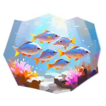 A school of metallic fish with shiny, reflective scales swims gracefully through crystal-clear ocean waters. The fish are varying sizes, each glimmering as they catch the light, creating a shimmering display. Behind them, vibrant coral reefs are visible, providing a colorful backdrop. Sunlight filters through the water's surface, casting dancing reflections on the ocean floor. The scene captures the fluid motion of the fish as they weave in and out of one another, creating a dynamic and lively underwater tableau.