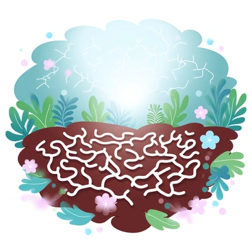 A dense mycelium network spreads across the forest floor, resembling a web of fine white threads. The intricate patterns intertwine with fallen leaves and rich soil, connecting various trees and plants. Surrounding the mycelium are vibrant green ferns and small wildflowers peeking through the earth. Sunlight filters through the canopy above, creating a play of light and shadow across the scene. The overall color scheme consists of soft, gradient pastel tones that enhance the ethereal quality of the forest environment.