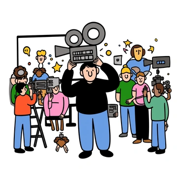 A film director with light skin and short dark hair is passionately holding a movie camera with both hands. They are wearing a black shirt and jeans, standing confidently on a bustling film set. Around them, crew members are adjusting lights and equipment, while actors are preparing for their scenes. The background is filled with film equipment, bright lights, and colorful props, creating an atmosphere of creativity and excitement. The director's focused expression conveys determination and enthusiasm for the project at hand.
