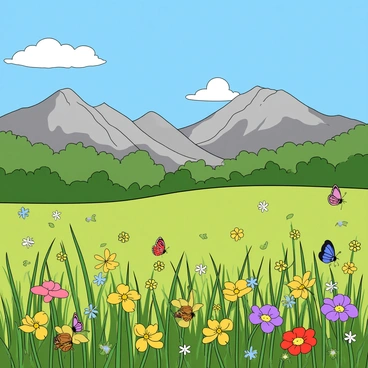 A wide mountain meadow filled with various wildflowers in bright colors like yellow, purple, and red. Butterflies with colorful wings are fluttering above the flowers, some are resting on the petals. A few tall green grasses sway gently in the breeze. In the background, there are majestic mountains with rocky peaks, and the sky above is a clear, vibrant blue with a few fluffy white clouds scattered. The sunlight casts a warm glow over the entire scene.