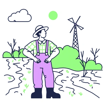 A farmer is standing in a dry field, wearing a straw hat and a checkered shirt. His hands are resting on his hips as he gazes up at the sky. The sun is shining brightly, casting strong shadows on the cracked soil beneath his feet. In the distance, a few sparse, wilted plants are visible, and a lone windmill turns slowly with the breeze. The farmer's expression reflects hope as he looks towards the clouds forming above, hinting at the possibility of rain.