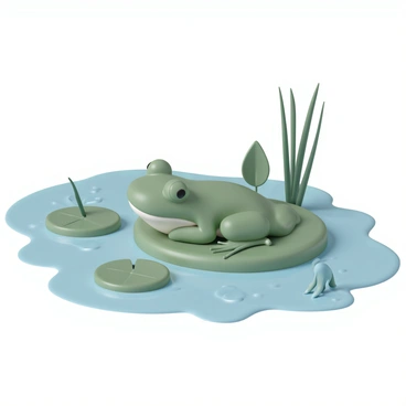 A green frog, with smooth skin and large bulging eyes, is resting on a round, vibrant green lily pad. The frog's webbed feet are gently placed on the lily pad, showcasing its long toes. Surrounding the lily pad are other lily pads and soft, green vegetation, with small ripples in the water creating a sense of calm. The water reflects the sunlight, giving it a shimmering effect. In the background, tall reeds stand at the edge of the pond, framing the scene.