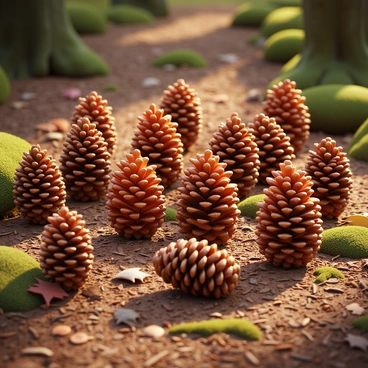 A collection of pine cones scattered across the forest floor. The pine cones vary in size and shape, some are freshly fallen with a glossy brown finish, while others are dry and shriveled, displaying a more muted hue. The forest floor is covered with a mixture of fallen leaves, twigs, and patches of moss, creating a natural and textured backdrop. Sunlight filters through the trees above, casting soft shadows and illuminating the pine cones, enhancing their intricate details and the earthy tones surrounding them.