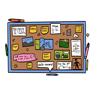 A large mood board filled with various visual materials and key concepts for a revision project. The board shows colorful sticky notes with handwritten ideas, magazine cutouts, and images related to different themes. There are sketches and diagrams scattered throughout, along with a few photographs of landscapes and people, all pinned to a corkboard. Brightly colored markers and pens are placed around the edges of the board, indicating active engagement with the project. The overall layout is dynamic and visually stimulating, reflecting a creative atmosphere.
