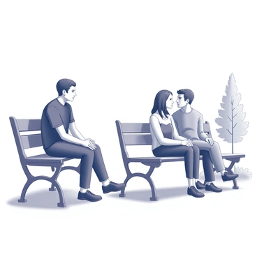 A figure sits on a park bench with a relaxed posture. The figure appears thoughtful, with their hands resting on their knees. Nearby, a couple shares a bench, engaged in conversation. The couple is depicted with their heads slightly leaning towards each other, reflecting an intimate moment. In the background, there are trees and park elements that suggest a natural setting. The overall composition captures the atmosphere of a tranquil park scene with an emphasis on observation and connection.