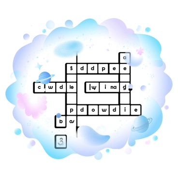 A crossword puzzle is prominently displayed in the center, featuring black and white squares filled with letters. Each clue is represented by detailed illustrations of celestial bodies, such as "a bright star" depicted as a glowing orb, "a swirling galaxy" showing spiral arms in vibrant hues, and "a planet" illustrated with rings and texture. The backdrop is a vast galaxy filled with countless stars, nebulas, and swirling colors of deep blues, purples, and pinks. The overall composition merges the intriguing structure of the crossword with the awe-inspiring beauty of space.