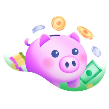 A cute pink piggy bank in a shiny finish, with a small slot on top for coins. The piggy bank has a friendly smile and big, round eyes. Surrounding the piggy bank are scattered gold and silver coins, along with colorful dollar bills that are partially crumpled. The arrangement of the coins and bills creates a playful and inviting scene.