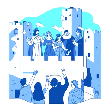 A blue royal family stands on the balcony of a white castle, adorned in elegant robes and crowns. The members of the family are smiling and waving to the subjects gathered below. The castle has tall stone towers and intricate details on its façade. The background features a clear blue sky, enhancing the regal atmosphere of the scene. The subjects below are wearing various colorful outfits, showing excitement and admiration as they look up at the royal family.