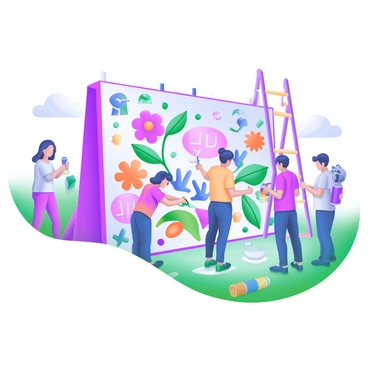 A vibrant scene depicting illustrators collaborating on a large mural in a community space in Huddersfield. Several artists are seen working together, each engaged in their unique style, with paintbrushes and spray cans in hand. The mural features colorful patterns and illustrations that bring life to the wall, including flowers, abstract shapes, and community symbols. In the background, onlookers observe and appreciate the artwork, adding a sense of community engagement. There are paint splatters on the ground and a ladder propped against the wall, indicating the scale of the mural. The atmosphere is lively and creative, showcasing the collaborative spirit of the artists.