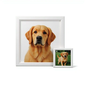 A detailed pet portrait of a golden retriever, featuring its soft, shiny fur and expressive eyes. The portrait is painted on a 1/8 illustration board, showcasing the rich colors and textures of the dog's fur. Nearby, there is a framed photo of the golden retriever in a natural outdoor setting, displaying its playful demeanor. The photo complements the portrait, providing a vivid reference of the pet's personality.