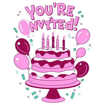 A bright pink birthday party invitation featuring a large cartoon cake with multiple layers, colorful frosting, and lit candles on top. Surrounding the cake is a flurry of teal confetti, adding a festive touch. In bold, playful text at the top, the words "You're Invited!" are displayed prominently. The background is filled with various colorful balloons, enhancing the cheerful atmosphere of the invitation.