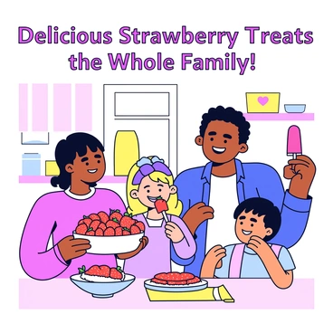 A retro advertisement poster depicting a smiling family of four. The family consists of a mother, a father, a young girl, and a young boy, all enjoying various strawberry treats. The mother holds a large bowl of fresh strawberries, while the father is shown taking a bite of a strawberry shortcake. The girl is smiling as she holds a strawberry popsicle, and the boy is enjoying a slice of strawberry pie. The background features a cheerful kitchen setting with pastel colors and vintage decor. "Delicious Strawberry Treats for the Whole Family!" is prominently displayed at the top in bold, playful lettering.