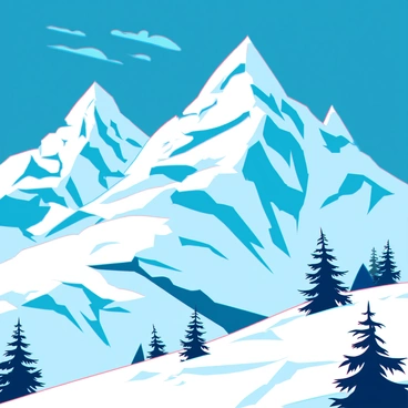 Majestic snow-covered mountain peaks rise sharply against a clear blue sky. The sunlight glistens on the white snow, creating a brilliant contrast with the deep blue above. Rocky ridges are visible beneath the blanket of snow, adding texture to the landscape. A few wispy clouds float high in the sky, enhancing the serene atmosphere of the scene. Pine trees dot the lower slopes, their dark green contrasting with the bright white of the snow.