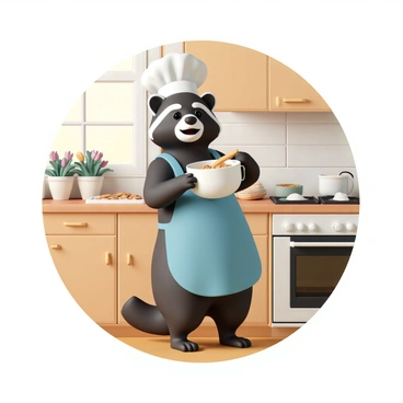 A raccoon, wearing a white chef's hat and a blue apron, is standing on its hind legs in a cozy kitchen. The raccoon is joyfully mixing cookie dough in a large bowl with its paws. The kitchen has wooden cabinets, a countertop filled with various baking ingredients like flour and sugar, and a tray of freshly baked cookies on the side. There are vibrant pots of herbs on the windowsill, and a warm glow from the oven adds to the inviting atmosphere.