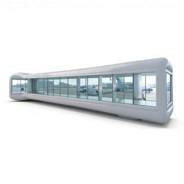 A futuristic jet bridge with transparent walls and sleek, modern design