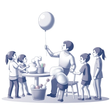 A balloon artist is positioned in a park, surrounded by a group of eager children. The artist is focused on twisting and shaping a long, thin balloon to create an animal figure, such as a dog. The children are watching with wide eyes, some smiling in anticipation. The artist has a variety of colorful balloons arranged in a basket beside them, with several completed balloon animals displayed on a nearby table. The scene captures the joy and excitement of a playful outdoor event.