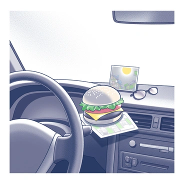 A cheeseburger placed on the dashboard of a car. The vehicle has an open sunroof, and the interior features a steering wheel and a gear shift. The dashboard is adorned with a small travel map and a pair of sunglasses. The cheeseburger has a juicy patty, melted cheese, fresh lettuce, and a ripe tomato, all stacked between a toasted bun. Sunlight streams in through the windows, illuminating the car's interior and creating a light, casual atmosphere.