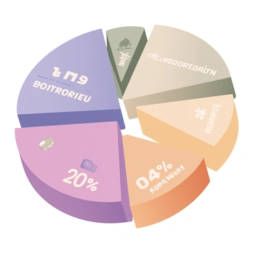A digital flat illustration featuring a large, vibrant pie chart divided into five segments, each representing different categories of a monthly budget. The first segment is labeled as "Housing" in white text and colored blue, taking up 30% of the chart. The second segment is labeled "Food" in white text and colored green, occupying 25% of the chart. The third segment is labeled "Transportation" in white text and colored orange, representing 20% of the chart. The fourth segment is labeled "Entertainment" in white text and colored purple, covering 15% of the chart. The fifth segment, labeled "Savings" in white text and colored yellow, fills the remaining 10% of the chart. Each segment is clearly defined with a smooth gradient, and there are small icons next to each label: a house for Housing, a fork and knife for Food, a car for Transportation, a film reel for Entertainment, and a piggy bank for Savings.