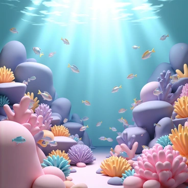 A vibrant underwater scene filled with a variety of colorful coral reefs in shades of pink, purple, and orange. The coral formations are shaped like branching trees and large boulders, creating a textured landscape. Numerous schools of small, shimmering fish swim gracefully among the corals, their scales reflecting light in hues of blue, yellow, and silver. Rays of sunlight filter down through the water, illuminating the scene and creating a dynamic interplay of light and shadow. Some fish are darting in and out of the coral, while others are gathered in tight groups, adding energy to the underwater environment.