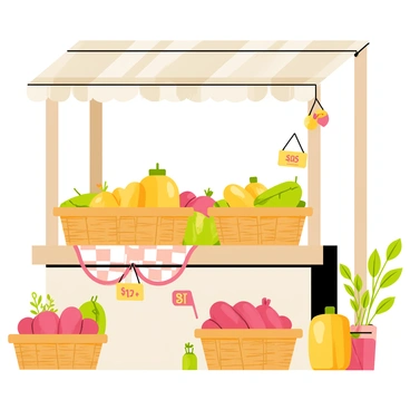 A market stand with a wooden frame is filled with a variety of "colorful birnen" arranged in woven baskets. Each basket contains birnen in different shades of yellow, green, and red, creating a vibrant display. The stand has a checkered cloth draped over the counter, adding to the lively atmosphere. Sunlight casts warm light over the scene, enhancing the rich colors of the birnen. A few small signs indicate the prices, and there are fresh leaves and herbs scattered around to create a natural touch.