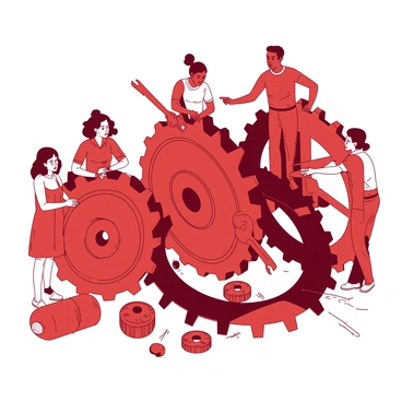 A red background features a series of interlocking gears in varying sizes. Each gear has a distinct design and texture, displaying intricate details. Surrounding the gears, a group of diverse people is engaged in various activities; a woman of Asian descent is tightening a bolt on a large gear, while a Black man is adjusting another gear with a wrench. A Caucasian woman is coordinating the efforts, pointing towards a gear that needs attention. A Hispanic man is observing the mechanics closely, ensuring everything works smoothly. The scene conveys a sense of teamwork and collaboration, with everyone focused on the task at hand.