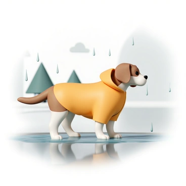 A beagle, with its characteristic brown and white fur, is wearing a bright yellow raincoat that fits snugly around its body. The raincoat has a hood that covers the dog's ears, and it is shiny and water-resistant. The beagle is walking on a wet pavement, with small puddles reflecting the soft gray sky above. Raindrops are falling around, creating ripples in the puddles, while the dog looks curiously ahead, its tail wagging slightly. In the background, blurred outlines of green trees can be seen, adding a hint of color to the rainy scene.