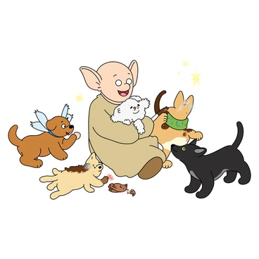 A small, house-elf named "Dobby" with large, floppy ears and big eyes is gently cuddling a small, fluffy animal that has soft white fur and tiny, twitching ears. Dobby is wearing a simple, tattered cloth and has a happy expression on his face. Surrounding them are several playful magical pets, including a small, colorful creature with wings fluttering nearby, a mischievous puppy with oversized ears playfully tugging on Dobby's cloth, and a tiny kitten with sparkling eyes that is pouncing around. The scene conveys a sense of joy and warmth, with vibrant colors enhancing the playful atmosphere.