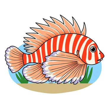 A close-up view of a lionfish with vibrant red and white stripes across its body. The lionfish displays intricate, elongated fins that fan out gracefully from its body, resembling delicate lace. Each fin is adorned with sharp, spiny projections that are clearly defined and detailed. The lionfish's large, expressive eyes glimmer, reflecting light. Its mouth is slightly open, revealing sharp teeth. The background is a subtle underwater scene with soft blues and greens, enhancing the vivid colors of the lionfish.