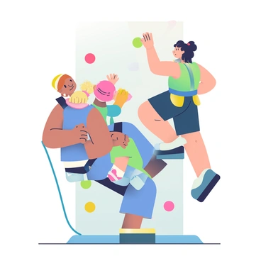 A family is engaged in a tandem climbing experience on a rock wall. The father, with short brown hair and wearing a blue tank top, is positioned at the bottom, supporting the harness of a young girl who has curly, blonde hair and is wearing a pink helmet. The mother, with long black hair tied back in a ponytail, is climbing beside their son, who has short brown hair and is wearing a yellow helmet. The son is reaching for a hold above him, while the mother encourages him from the side, wearing a green shirt and climbing gear. Brightly colored climbing holds are scattered across the wall, and a safety mat is laid out beneath them to ensure a safe landing. The atmosphere is filled with excitement and determination as they work together to reach new heights.