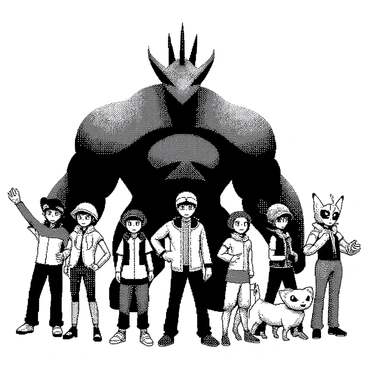 A group of trainers stands together, determined and focused, ready for battle. Each trainer is in a dynamic pose, showcasing their individual Pokémon, which are positioned beside them, displaying a variety of battle-ready stances. The trainers are dressed in colorful outfits that reflect their personalities, while the Pokémon exhibit distinct features, such as sharp claws, fierce expressions, and unique abilities. In the background, a powerful raid boss looms large, displaying intimidating characteristics that emphasize its strength. The scene captures the intensity of the battle, with a sense of teamwork and strategy emanating from the trainers as they prepare to confront the formidable foe.