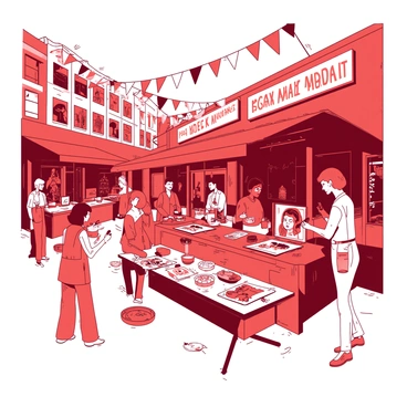 A red street market bustling with activity, filled with various stalls showcasing illustrated goods. Local artists, each representing a unique style, are engaging with customers. Some artists are demonstrating their skills, creating artwork on small canvas boards, while others are arranging their illustrated prints and handmade crafts on display tables. Shoppers browse through the colorful items, chatting excitedly with the creators. Colorful banners hang above the stalls, fluttering in the breeze, adding to the vibrant atmosphere of the market.