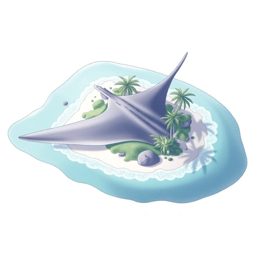 An aerial view of a small island that resembles a stingray. The island features a wing-like shape, with a wide, flat body and a pointed tail extending into the surrounding sea. The shoreline displays a mix of sandy beaches and rocky outcrops. The turquoise sea surrounds the island, showcasing gentle waves lapping at the edges and a few patches of coral visible beneath the water's surface. There are scattered patches of lush greenery and palm trees on the island, providing a tropical feel to the scene.