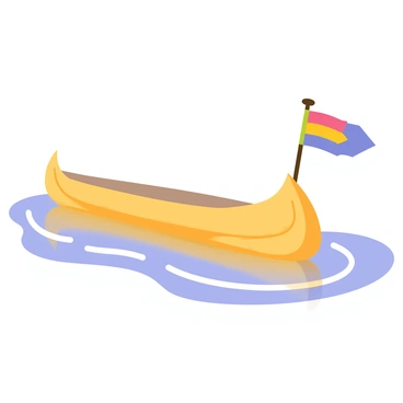 A canoe with bright, colorful national flags attached to its sides is gliding smoothly across a glassy, reflective water surface. The canoe is sleek and narrow, with a polished wood finish that shines under the light. The water beneath reflects the vivid colors of the flags and the surrounding scenery, creating a harmonious visual effect. Gentle ripples form around the canoe as it moves, enhancing the tranquility of the scene.