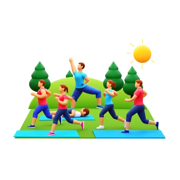 A group of five people participating in an outdoor fitness class. Two individuals are running, wearing bright athletic clothing and running shoes. Three other individuals are stretching on exercise mats, showcasing various stretches such as the hamstring stretch and shoulder stretch. The setting features a grassy area with trees in the background, and the sun is shining brightly. Each participant is focused and engaged in the workout.