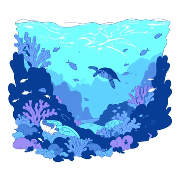 An underwater scene reveals various marine life struggling against powerful currents caused by a tsunami. Schools of small fish are caught in the chaotic movement, swirling in different directions. A large sea turtle is depicted swimming against the current, its flippers outstretched as it fights for stability amid the turbulence. Coral formations are swaying dramatically, with vibrant colors being distorted by the rushing water. Sunlight filters through the surface, creating beams of light that pierce the dark blue depths, illuminating the chaos of the marine environment.