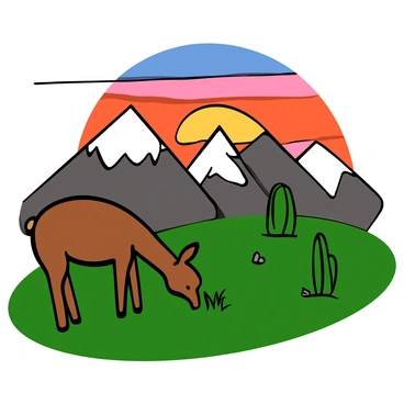 A breathtaking view of the Andes mountains at sunset with vibrant colors filling the sky. In the foreground, a traditional llama with a light brown coat is grazing on the grass. The mountain peaks are covered in patches of snow, contrasting with the warm hues of the setting sun. The landscape includes a few scattered bushes and rocky terrain, adding texture to the scene. The llama's long neck and gentle demeanor add a serene touch to the picturesque view.