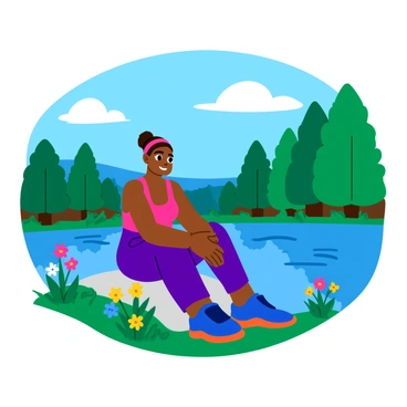 Serena Williams is sitting by a serene lake, engaging in a moment of calm. She is wearing a comfortable, colorful athletic outfit that complements the natural surroundings. The water of the lake is clear and reflects the blue sky above, with a few fluffy clouds drifting by. Surrounding her are lush green trees and colorful wildflowers that add vibrancy to the scene. Serena has a peaceful expression on her face, with her legs crossed and hands resting on her knees. In the background, you can see a gentle ripple on the water's surface, suggesting a light breeze.