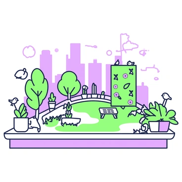 A rooftop garden is situated atop a modern city building, filled with various green plants and flowers. There are several potted plants arranged along the edges, including small trees and flowering shrubs. In the center of the garden, a small seating area is visible with wooden benches surrounded by thriving patches of grass. A vertical garden wall with climbing plants adds to the greenery. The skyline of the city is visible in the background with several tall buildings, while the atmosphere is clear, suggesting the garden's role in absorbing carbon dioxide. A few birds are perched on the edges of the rooftop, contributing to the lively scene.