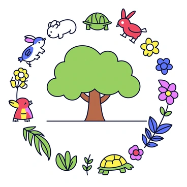 A circular arrangement filled with various animals and plants representing an ecosystem's balance. In the center of the circle is a large green tree with a broad canopy. Surrounding the tree are small animals, including a rabbit with white fur, a colorful bird with red feathers, and a turtle with a textured shell. Along the edges of the circle, there are various plants, such as ferns with delicate leaves and vibrant flowers in shades of yellow and purple. Each element is spaced evenly, creating a harmonious representation of the ecosystem's interdependence.