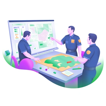 A modern pastel illustration depicting a group of emergency responders gathered around a large table. On the table, there are detailed diagrams and maps showcasing disaster response strategies. The responders are wearing uniforms, with one pointing to a specific area on the map. Various colored markers and notepads are scattered across the table. In the background, there is a whiteboard filled with notes and charts, providing additional context to their planning efforts.