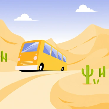 A large yellow bus is traveling along a dusty road through a vast desert landscape. Towering sand dunes, shaped by the wind, rise on either side of the road, their smooth curves reflecting the bright sun. Sparse clusters of tall green cacti dot the landscape, contrasting with the golden sands. A clear blue sky stretches overhead, with a few fluffy white clouds scattered throughout. The bus's windows glint in the sunlight as it journeys through this arid environment.