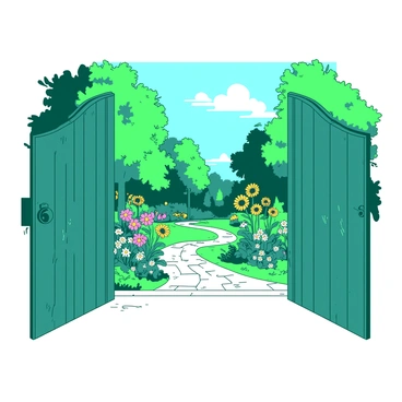 Massive gates opening to reveal a lush garden, symbolizing entry into a realm of peace