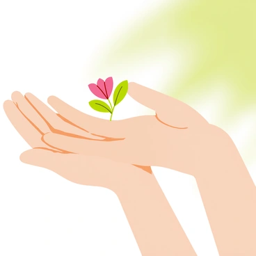 A pair of hands with light skin tones gently cradling a small, blooming flower with delicate pink petals. The flower has a bright green stem and leaves, contrasting against the hands. The hands are positioned with palms facing upward, as if offering the flower to someone. The background features a soft, blurred green, suggesting a natural outdoor setting.