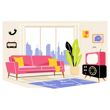 A living room featuring sleek mid-century modern furniture with smooth lines and vibrant colors. The space is adorned with old-fashioned gadgets, including a vintage radio, a rotary phone, and a classic television set with dials. The walls are decorated with abstract art and geometric patterns, creating a nostalgic yet forward-thinking atmosphere. A plush rug with bold designs lies on the polished wooden floor, while a large window lets in bright light, showcasing a view of a futuristic city skyline outside.