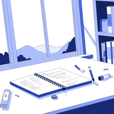 A creative workspace is arranged with a desk that holds a colorful ledger open to a page filled with sketches and notes. Various art supplies, such as pencils, brushes, and tubes of paint, are scattered around the desk. The workspace features a large window that frames an inspiring view of distant hills and trees. Sunlight streams through the window, casting shadows on the desk. In the background, there are shelves filled with books and additional art materials.