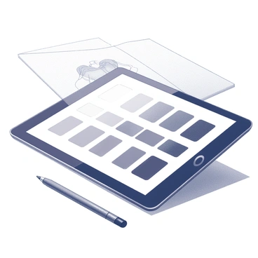 A tablet is positioned on a flat surface, displaying a digital color palette. The screen shows a grid of various shades, with clearly defined swatches arranged harmoniously. Each swatch represents different colors typically used in fashion illustrations. A stylus pen rests beside the tablet, indicating an active design process. In the background, there are faint outlines of fashion sketches, suggesting the tablet is being used for selecting colors for the artwork.