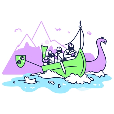 A Viking longboat is navigating through icy waters. The boat has a dragon-shaped prow, and its sail is furled. Onboard, several warriors are standing, wearing helmets and chainmail. One warrior is gripping a sword, while another holds a shield decorated with symbols. The icy waters are dotted with small chunks of ice, and the scene captures the movement of the boat as it cuts through the surface, creating small splashes. In the background, snow-covered mountains rise against the sky.