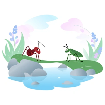 An ant is standing on a small leaf, looking determined as it peers across a narrow stream. Next to the ant, a grasshopper is positioned on another leaf, ready to assist. The water in the stream is calm, reflecting shades of blue and green. Several small rocks are partially submerged in the stream, providing potential stepping stones. The surrounding area is filled with tall grasses and wildflowers, creating a vibrant setting. Above them, the sky is a soft gradient of pastel colors, enhancing the peaceful atmosphere of their teamwork.