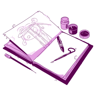A close-up view of a sketchpad displaying a detailed tattoo artist's design of a "fourchette." The sketchpad is open to a page where the intricate lines and patterns of the design are visible. Surrounding the sketchpad are various tattooing tools, including needles and ink pots. The background is softly blurred, drawing focus to the sharp details of the design on the sketchpad.